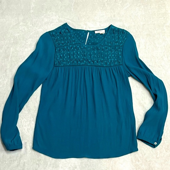 🖤Anthropologie Meadow Rue Teal Laurel Smock Top Blouse Keyhole Back - X-Small - Picture 2 of 9